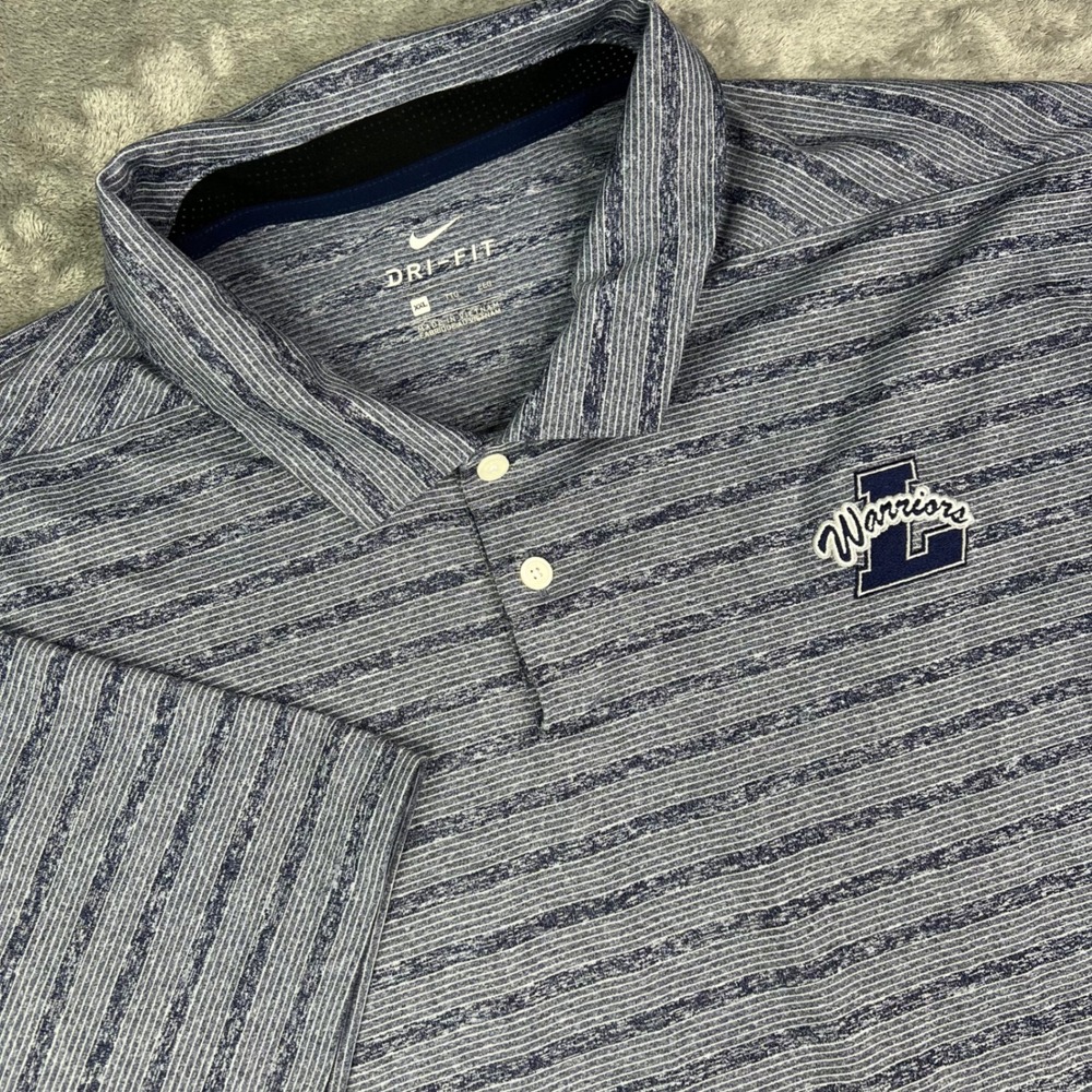 Nike Polo Shirt Men 2XL Blue Striped Dri-FIT Lakehill Warriors Logo Short Sleeve